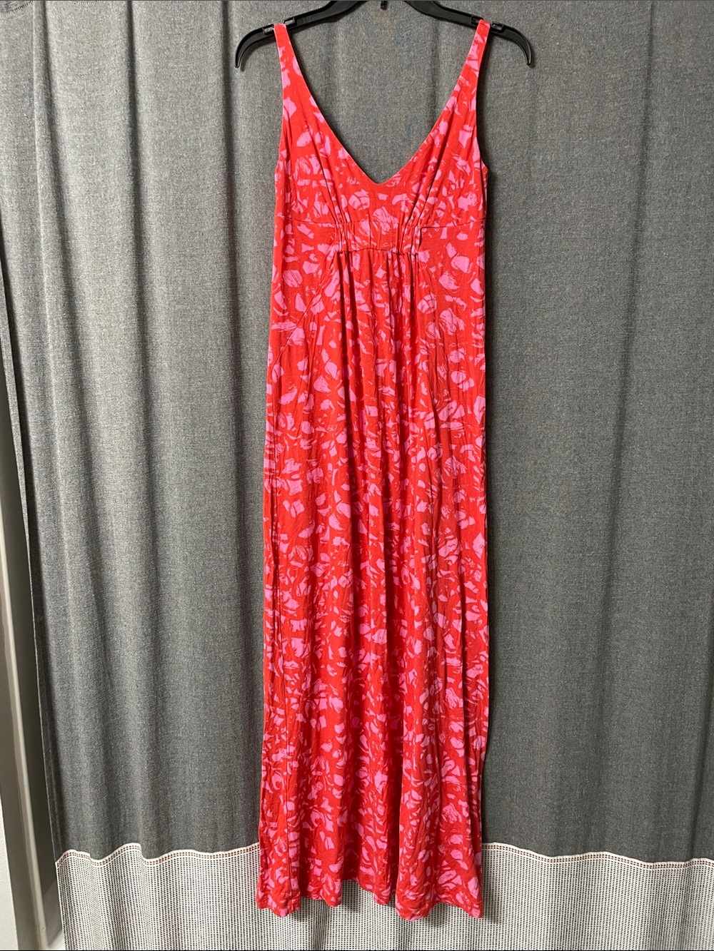 CAbi Red Maxi Slip Dress with Pink Floral Motif
